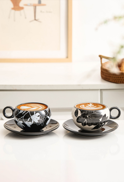Peony Porcelain Coffee Cup & Saucer Set β Elegance in Black and White
