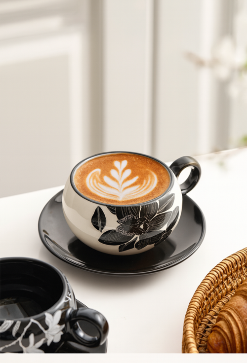 Peony Porcelain Coffee Cup & Saucer Set β Elegance in Black and White