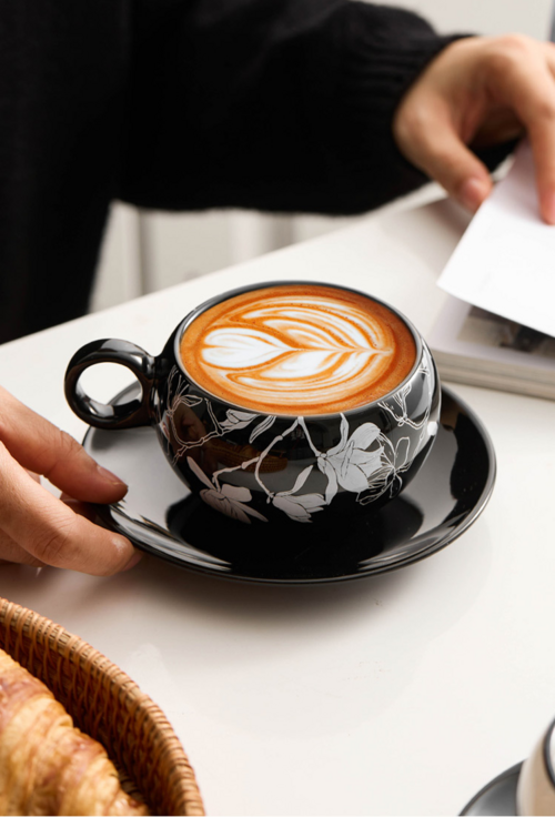 Peony Porcelain Coffee Cup & Saucer Set — Elegance in Black and White