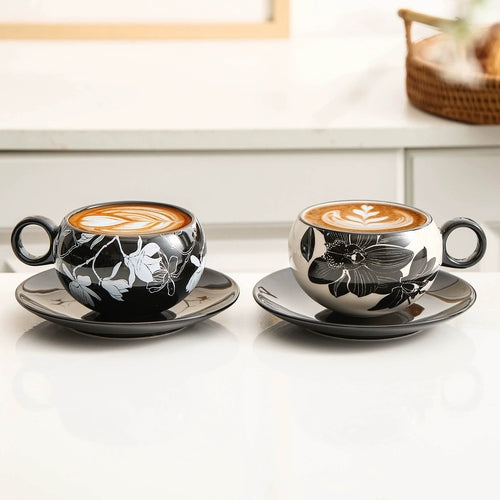Peony Porcelain Coffee Cup & Saucer Set — Elegance in Black and White